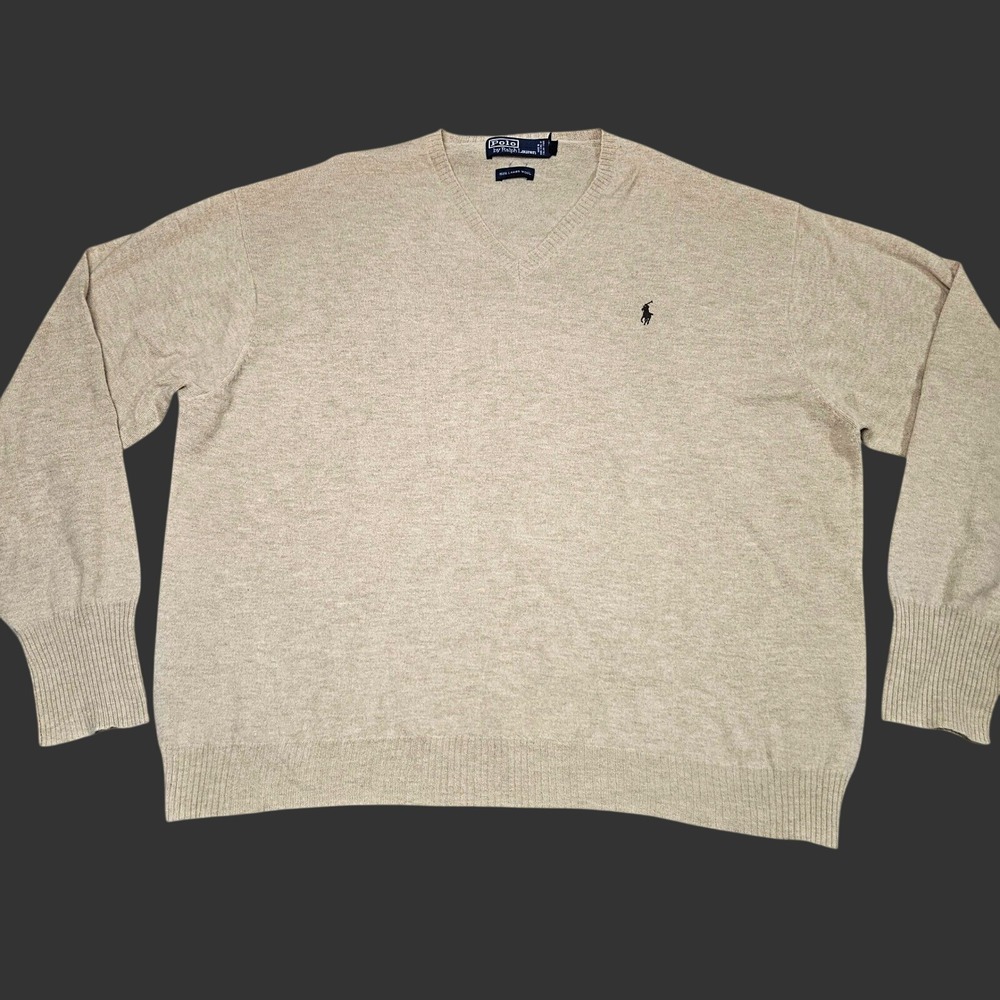 Vintage Polo Ralph Lauren Sweater Mens XXL Tan Lambswool Vneck Pullover 90s Prep